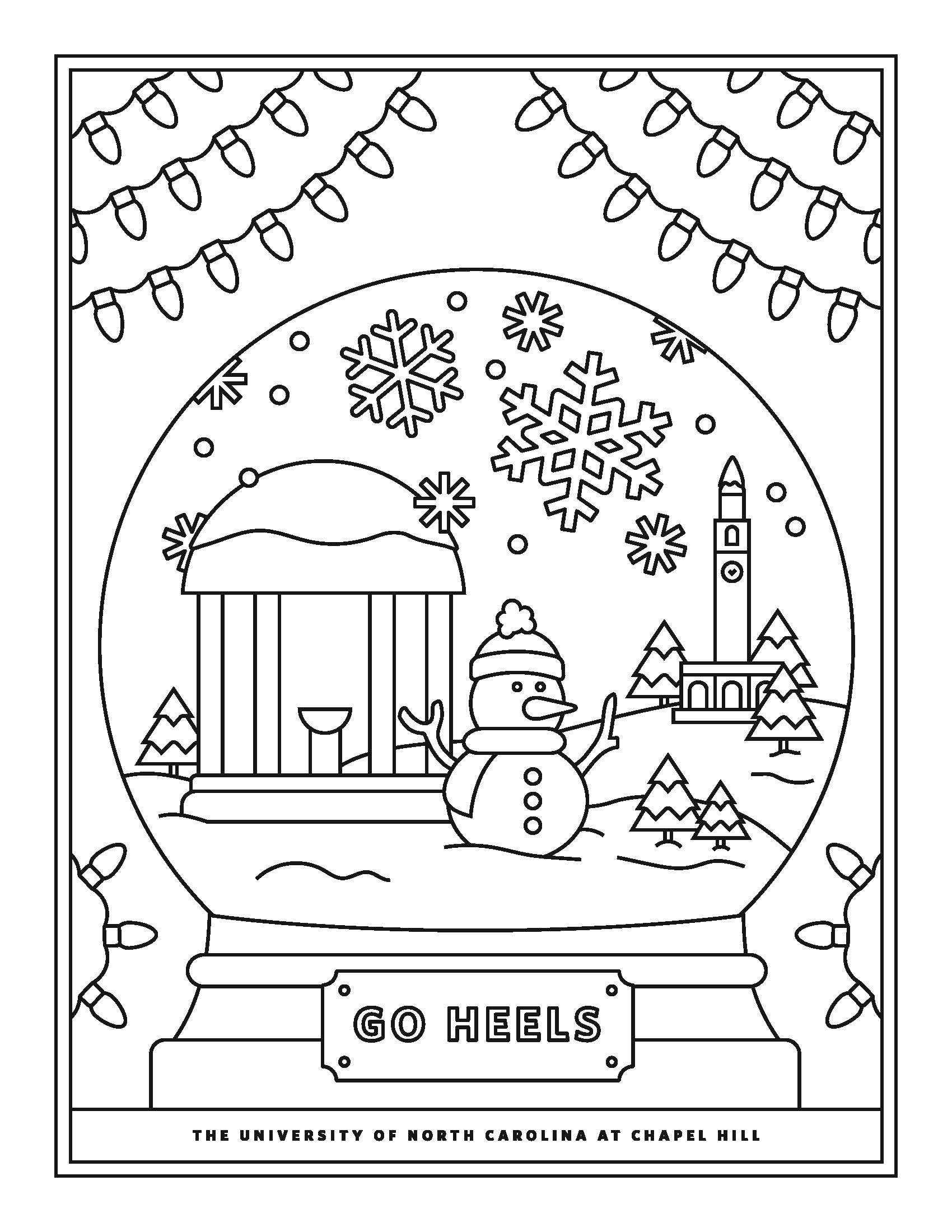 A coloring page of a snowglobe with a snowman and Old Well inside.