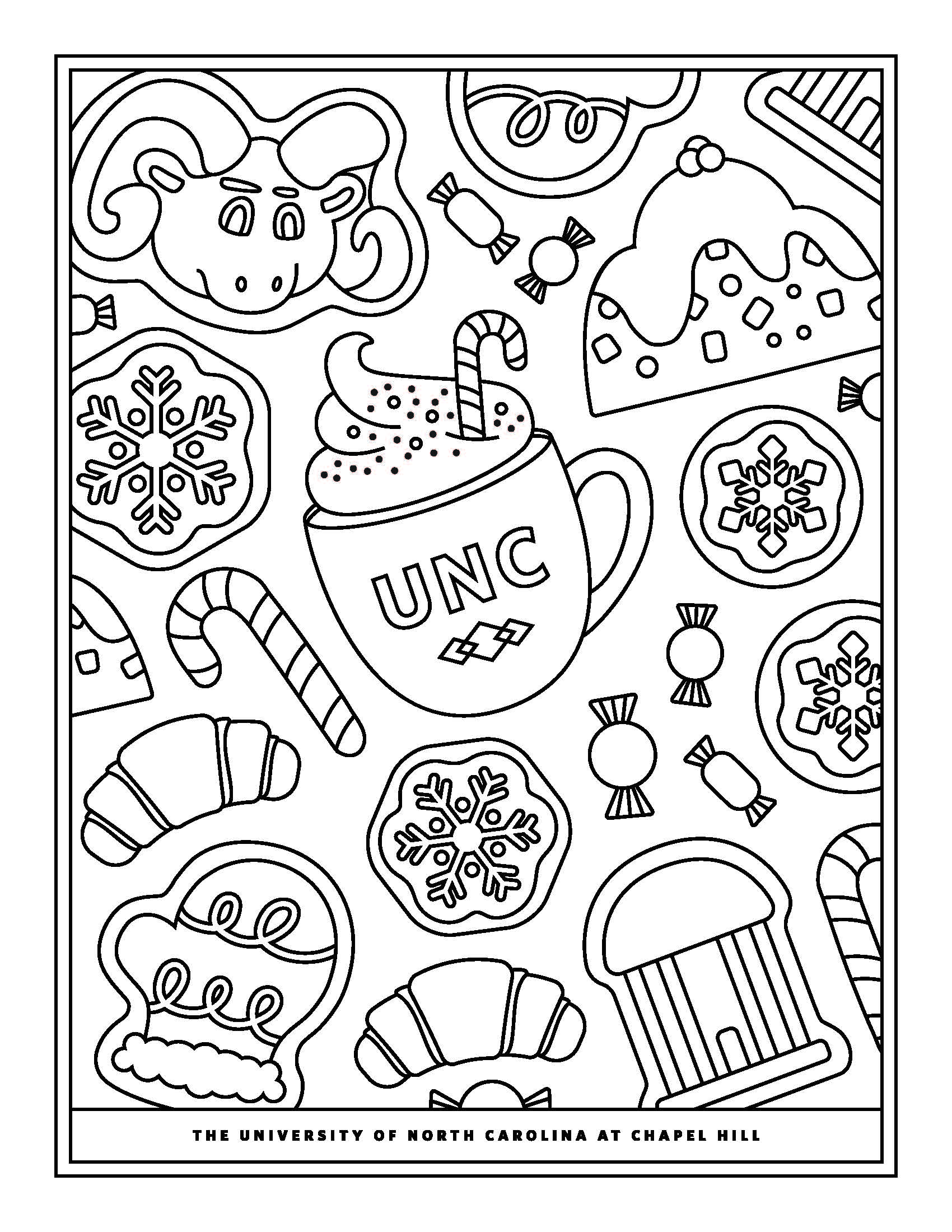 A coloring page of holiday drawings including hot cocoa, snowflakes and mittens